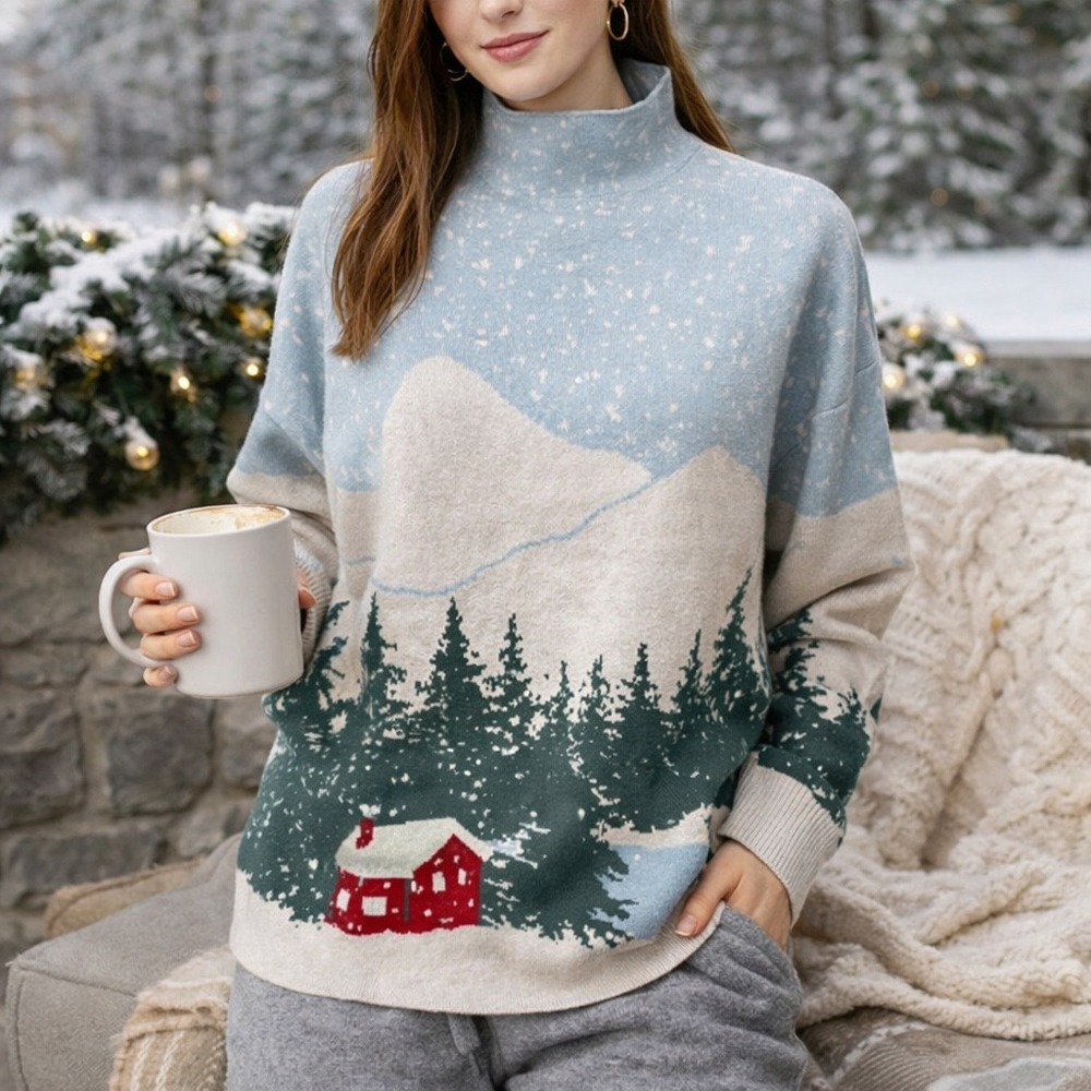 Tahari Women's Mock Neck Cabin Winter Long Sleeve Sweater Size M Cozy Knit